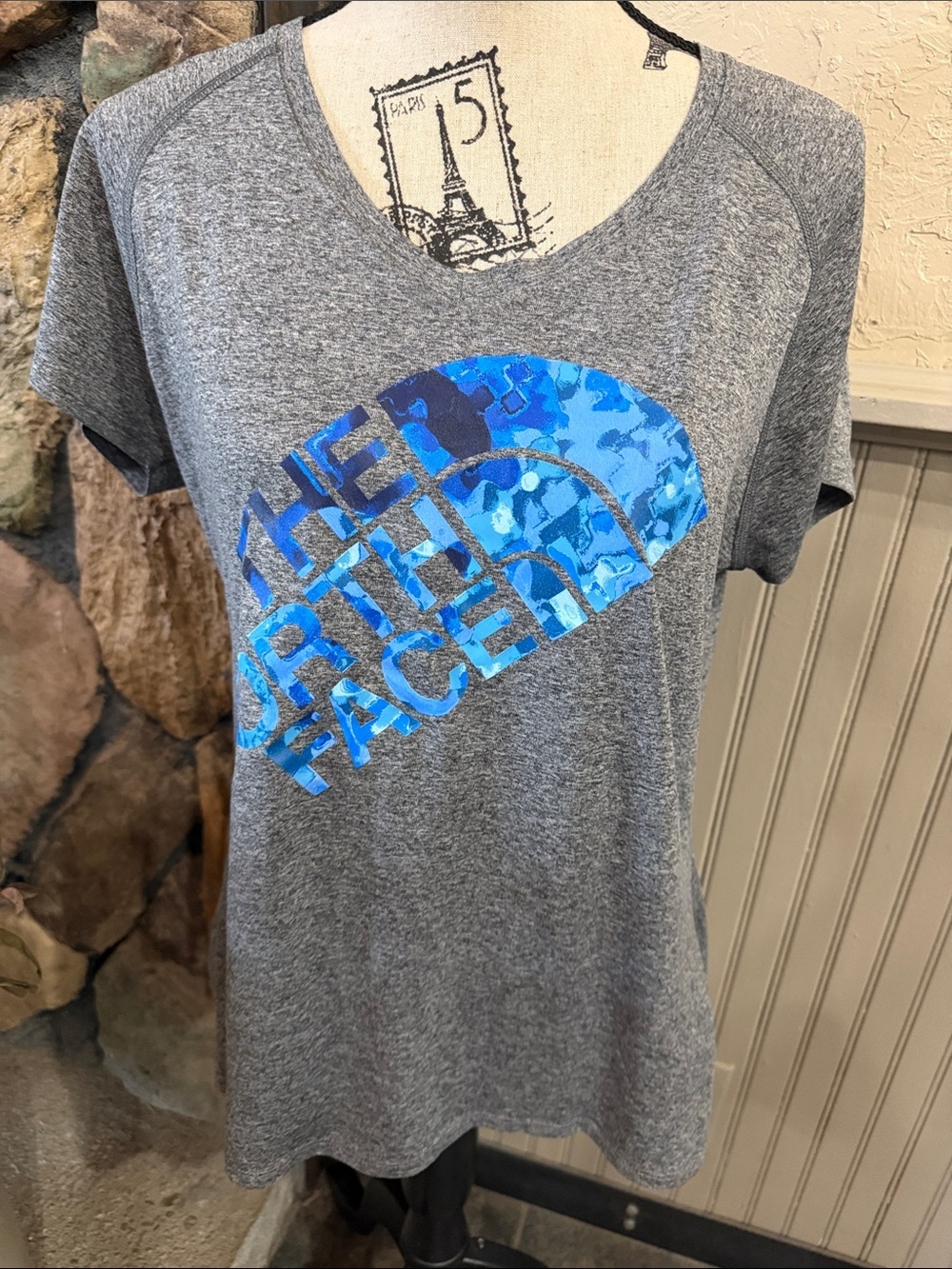 The North Face Gray Short Sleeve Tee with Blue Camo Logo